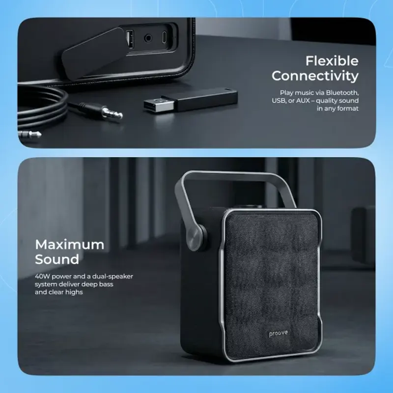 Proove Fader Portable Bluetooth 5.3 Speaker, 40W RMS, 2.0 CH Audio System with Subwoofer, Bass Boost, Equalizer, USB Type-C, AUX, App Support, Black