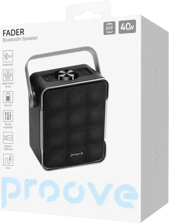 Proove Fader Portable Bluetooth 5.3 Speaker, 40W RMS, 2.0 CH Audio System with Subwoofer, Bass Boost, Equalizer, USB Type-C, AUX, App Support, Black