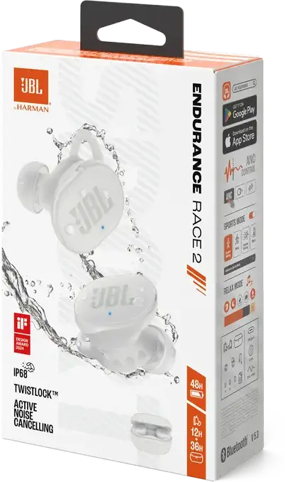 Casca JBL Endurance Race 2 True Wireless, Albă, Anulare Activă a Zgomotului (ANC), Rezistență IP68 la Apă și Praf, Sunet JBL Pure Bass, Baterie 48h