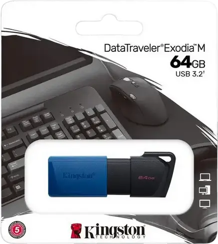 Kingston DataTraveler Exodia M USB 3.2 Gen 1 Flash Drive, 64 GB, Black/Blue, Capless Sliding Design with Keyring Loop, High-Speed Portable Storage for PC and Laptop