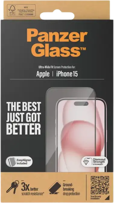 PanzerGlass Ultra-Wide Fit Screen Protector for Apple iPhone 15, Ohara Japanese Glass-Ceramics, 0.7mm Transparent Impact Resistant Smudge-Free Film