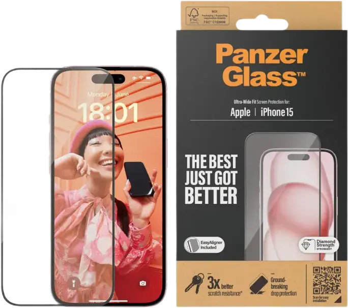 PanzerGlass Ultra-Wide Fit Screen Protector for Apple iPhone 15, Ohara Japanese Glass-Ceramics, 0.7mm Transparent Impact Resistant Smudge-Free Film