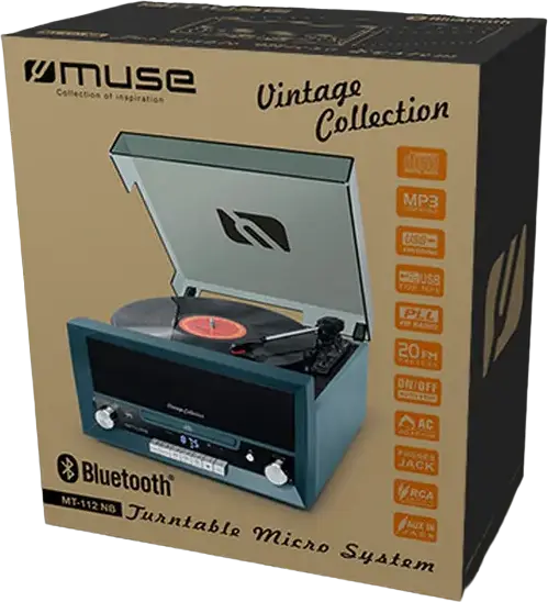 Sistem Micro CD cu Platan Muse MT-112 NB, Pick-up 3 Viteze (33/45/78 RPM), Bluetooth, Radio FM, Port USB, Cabinat din Lemn, Putere 20W, Negru