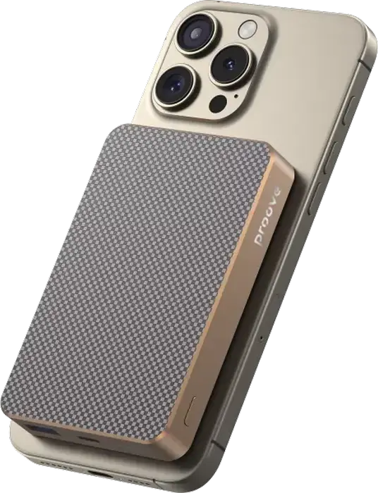 Power Bank Proove Carbon Slim 10000mAh, Gold, Încărcare Rapidă 22.5W, Încărcare Wireless MagSafe 15W, PD3.1, QC3.0, Material Kevlar și Aluminiu, USB-C și USB-A