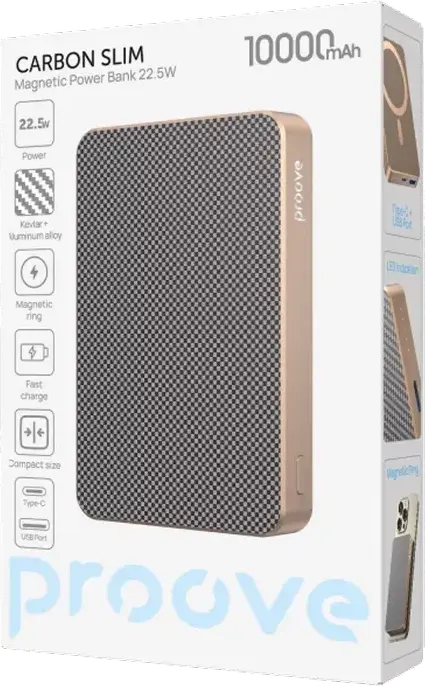 Power Bank Proove Carbon Slim 10000mAh, Gold, Încărcare Rapidă 22.5W, Încărcare Wireless MagSafe 15W, PD3.1, QC3.0, Material Kevlar și Aluminiu, USB-C și USB-A