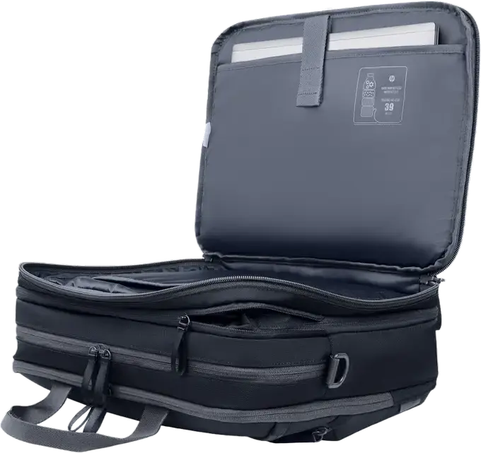 HP Travel Plus 15L Laptop Bag A2CE2AA for 14-inch Laptops, 15L-20L Expandable, Water-Resistant 750D Recycled Polyester, RFID-Blocking, Black