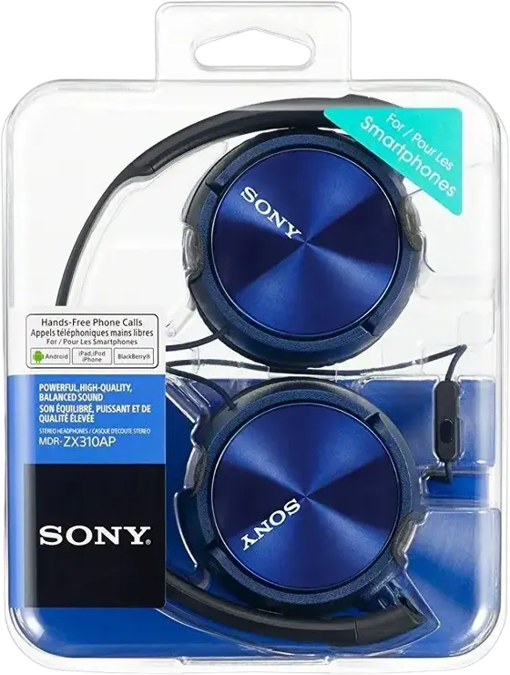 Sony MDR-ZX310AP Wired On-Ear Closed-Back Headphones with Microphone, Blue, 30mm Dynamic Driver, 10-24,000Hz Frequency Response, 1.2m Gold-Plated L-Shaped Plug