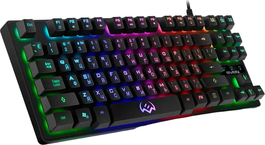 SVEN KB-G7400 Gaming Keyboard, TKL Tenkeyless 87 Keys, RGB Backlight, Membrane Tactile Switches, Wired USB Braided Cable, Win Lock, Black