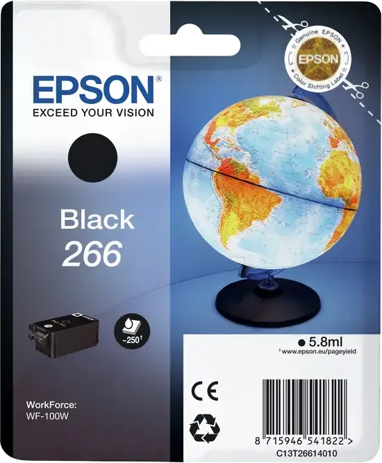 Epson T266 Black Pigment Ink Cartridge, 5.8ml, for WorkForce WF-100, WF-100W Printers, C13T26614010