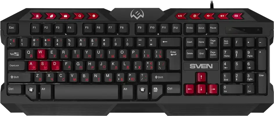 SVEN GS-9200 Gaming Set - Wired USB Membrane Keyboard with 10 Multimedia Keys, Optical Mouse 2400 DPI, Fabric Mouse Pad, Color: Black/Red