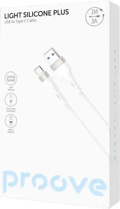 Cablu de Incarcare si Sincronizare Proove Light Silicone Plus USB la Type-C, 60W 3A, 1m, Silicon Lichid Soft Touch, Conectori Aluminiu, Alb