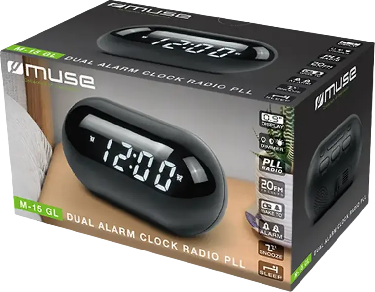 Muse M-15 GL Dual Alarm Clock Radio, FM PLL with 20 Presets, 0.9" White LED Display, Snooze and Sleep Functions, Mono 2W, Black