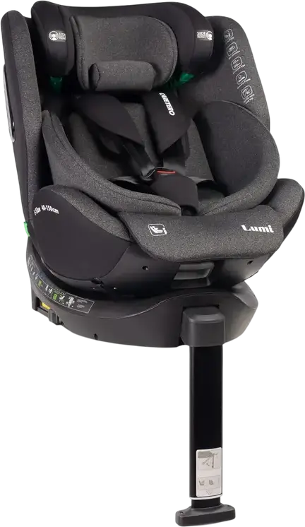 Caretero Lumi i-Size 360 Rotating Car Seat, 0-36 kg, 40-150 cm, ISOFIX with Support Leg, ECE R129/03, 5-Point Harness, Ventilated Shell, Dark Grey