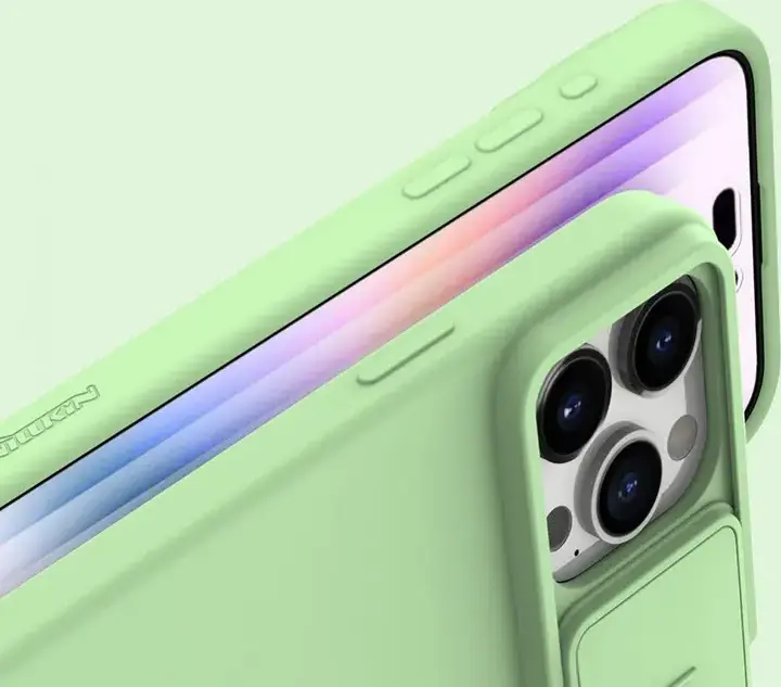 Husa Nillkin CamShield Silky pentru iPhone 15 Pro, Verde Mentă, Protectie din Silicon Lichid cu Cover Culisant pentru Camera si Captusala din Microfibra