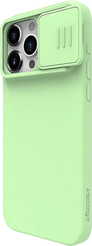 Husa Nillkin CamShield Silky pentru iPhone 15 Pro, Verde Mentă, Protectie din Silicon Lichid cu Cover Culisant pentru Camera si Captusala din Microfibra