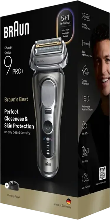 Электробритва Braun Series 9 Pro+ 9615s, сеточная система бритья 5+1, Wet & Dry, 10D адаптация к контурам, Li-ion аккумулятор, серебристый, Made in Germany