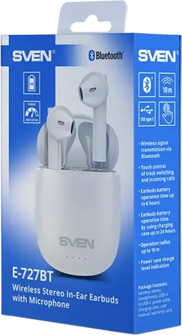 Casca Wireless Stereo TWS SVEN E-727BT, In-Ear, Bluetooth, Control Tactil, Baterie Totala 24h, USB Type-C, Alb