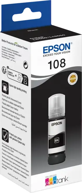 Recipient de cerneală Epson 108 EcoTank Negru, pe bază de coloranți, 70ml, pentru imprimante Inkjet L8050 L18050, contrast ridicat, 3600 pagini