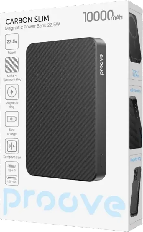 Proove Carbon Slim 10000mAh Power Bank, Black, 22.5W Fast Charging, 15W MagSafe Wireless Charging, PD3.1, QC3.0, Kevlar and Aluminum Alloy, USB-C & USB-A
