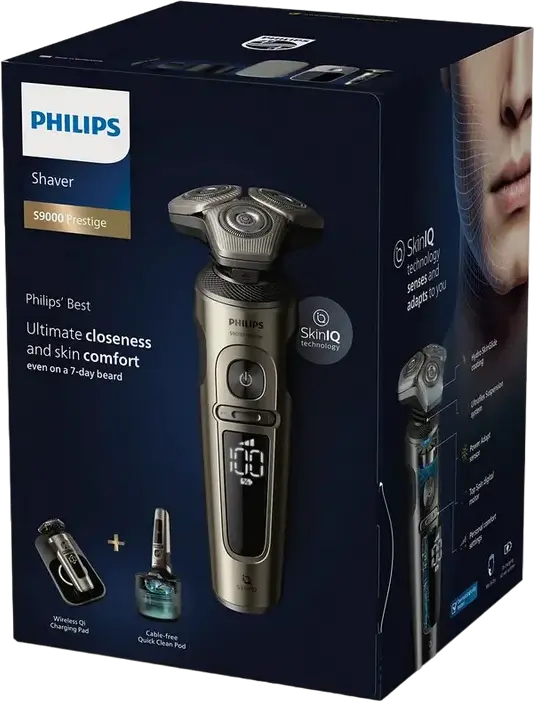 Aparat de ras rotativ Philips S9000 Prestige SP9883/36, Tehnologie SkinIQ, Lame NanoTech Dual Precision, Wet & Dry, Incarcare Wireless Qi, Aur Champagne