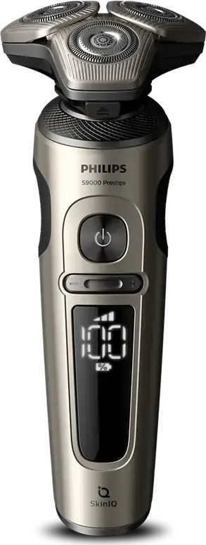 Aparat de ras rotativ Philips S9000 Prestige SP9883/36, Tehnologie SkinIQ, Lame NanoTech Dual Precision, Wet & Dry, Incarcare Wireless Qi, Aur Champagne