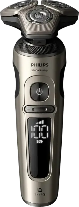 Aparat de ras rotativ Philips S9000 Prestige SP9883/36, Tehnologie SkinIQ, Lame NanoTech Dual Precision, Wet & Dry, Incarcare Wireless Qi, Aur Champagne