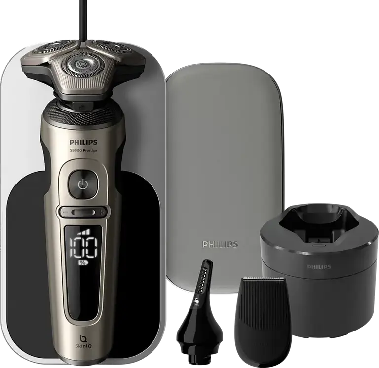 Aparat de ras rotativ Philips S9000 Prestige SP9883/36, Tehnologie SkinIQ, Lame NanoTech Dual Precision, Wet & Dry, Incarcare Wireless Qi, Aur Champagne
