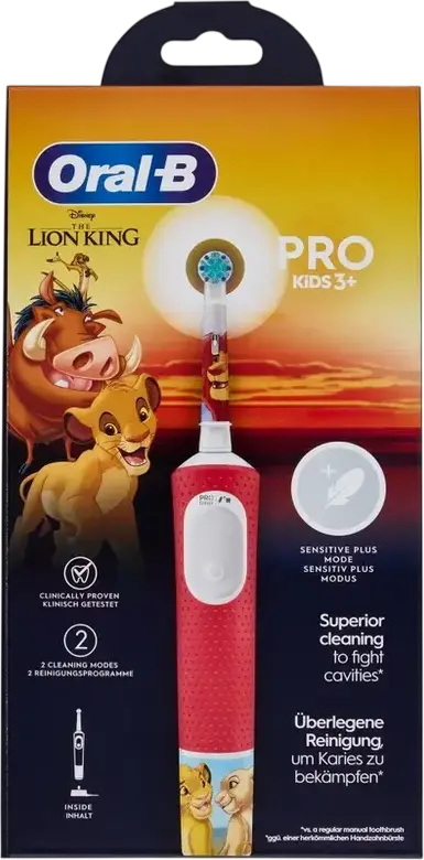 Oral-B Pro Kids Lion King Electric Toothbrush for Ages 3+, 2 Cleaning Modes, 2-Minute Timer, Disney Magic Timer App Compatible, Rechargeable, Red/White
