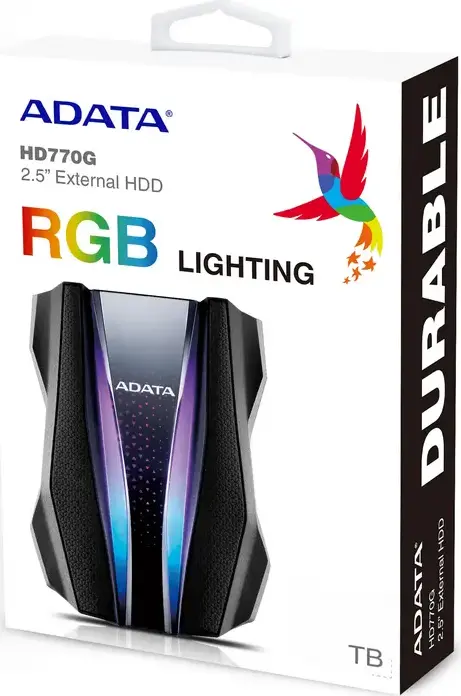 HDD Extern Portabil Gaming ADATA HD770G 1TB, USB 3.2 Gen 1, IP68 Rezistent la Apă și Praf, Rezistent la Șocuri, Criptare AES 256-Bit, Iluminare RGB, Negru