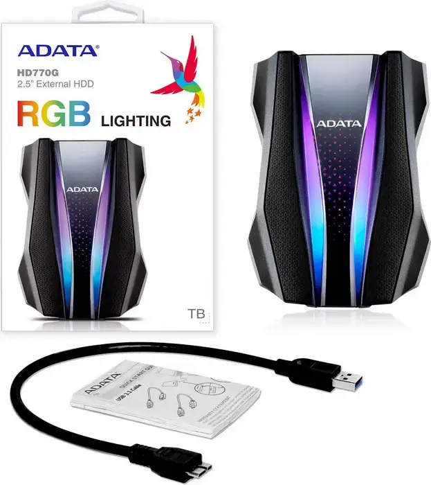 HDD Extern Portabil Gaming ADATA HD770G 1TB, USB 3.2 Gen 1, IP68 Rezistent la Apă și Praf, Rezistent la Șocuri, Criptare AES 256-Bit, Iluminare RGB, Negru