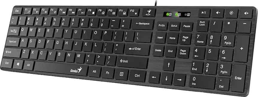 Genius SlimStar 126 Slim Multimedia Wired USB Keyboard, English/Russian Layout, Black, Ultra-slim Chocolate Keys, AI Copilot Key, 12 FN Hotkeys, Brushed Metal Finish, Ergonomic