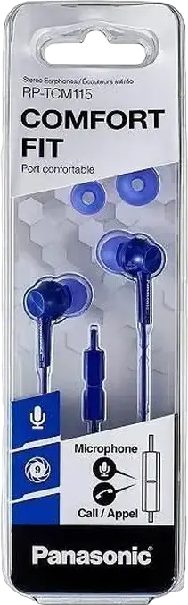 Căști Panasonic RP-TCM115 intraauriculare tip canal cu microfon încorporat și control inline, culoare Albastru, jack 3.5mm în formă de L, Comfort Fit, cablu 1.2m