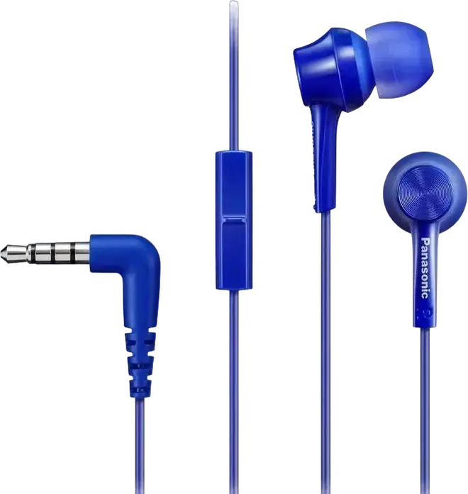 Căști Panasonic RP-TCM115 intraauriculare tip canal cu microfon încorporat și control inline, culoare Albastru, jack 3.5mm în formă de L, Comfort Fit, cablu 1.2m
