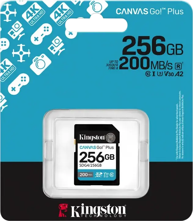 Card de Memorie Kingston Canvas Go! Plus SD (SDG4) 256 GB, UHS-I U3 V30 Clasa 10, Viteza Citire pana la 200MB/s, Rezistent la Apa si Raze X, pentru Video 4K UHD si DSLR