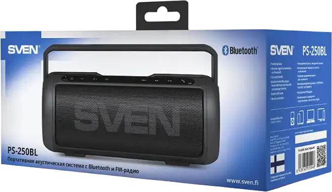 SVEN PS-250BL Portable Bluetooth Speaker, 10W RMS, FM Radio, USB, MicroSD, AUX, 2200mAh Battery, Passive Radiators for Bass, Black, with Carrying Handle