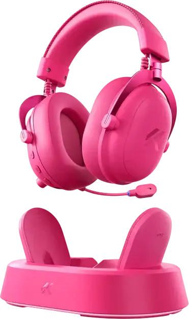 Casca Gaming Wireless/Wired MCHOSE V9 Turbo Plus, Roșu Berry, Difuzoare 60mm, Sunet Surround Virtual 7.1, Microfon AI cu Anulare Zgomot, Baterie 200h, Baza de Incarcare RGB
