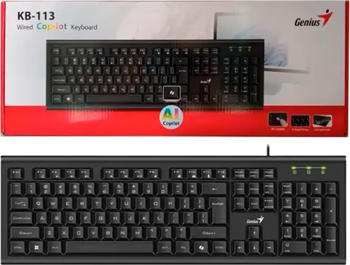 Genius KB-113 Wired Full-Size USB Membrane Keyboard, Spill-Resistant, 12 Multimedia FN Keys, AI Copilot Key, Low-Profile Concave Keys, Black