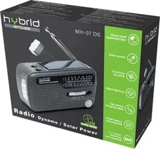 Muse MH-07 DS World Band Radio, FM/MW/SW, Solar Panel, Hand Crank Dynamo, Rechargeable Battery, Emergency Siren, LED Flashlight, USB Phone Charging