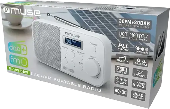 Muse M-109 DBW Portable Radio with DAB+ and FM PLL Tuner, 60 Presets, Backlit LCD Display, Dual Alarm, Sleep Function, White