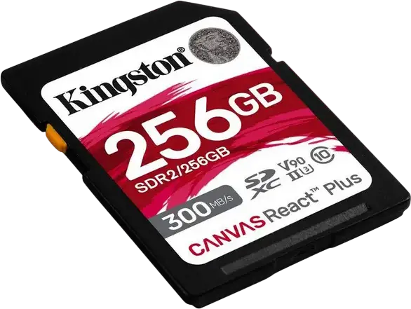 Карта памяти Kingston Canvas React Plus SDXC UHS-II 256GB SDR2/256GB V90 U3 Class 10, скорость чтения до 300МБ/с записи до 260МБ/с для видео 4K 8K и VR