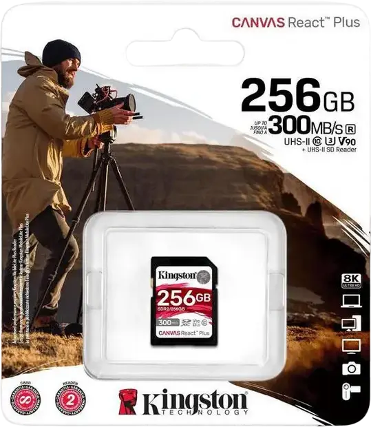 Карта памяти Kingston Canvas React Plus SDXC UHS-II 256GB SDR2/256GB V90 U3 Class 10, скорость чтения до 300МБ/с записи до 260МБ/с для видео 4K 8K и VR