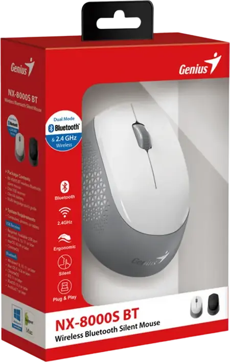 Genius NX-8000S BT Wireless Silent Mouse, White, Dual Mode Bluetooth 5.3 & 2.4GHz, 1200 DPI Optical Sensor, Multi-Device Support, Ergonomic Ambidextrous Design