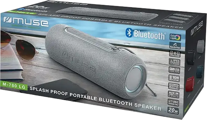 Box Portabil Bluetooth Muse M-780 LG, Putere 20W RMS, Rezistent la Apă IPX5, Baterie 3000mAh, Autonomie 10h, USB Type-C, Lumini LED, Stereo Pairing, Argintiu