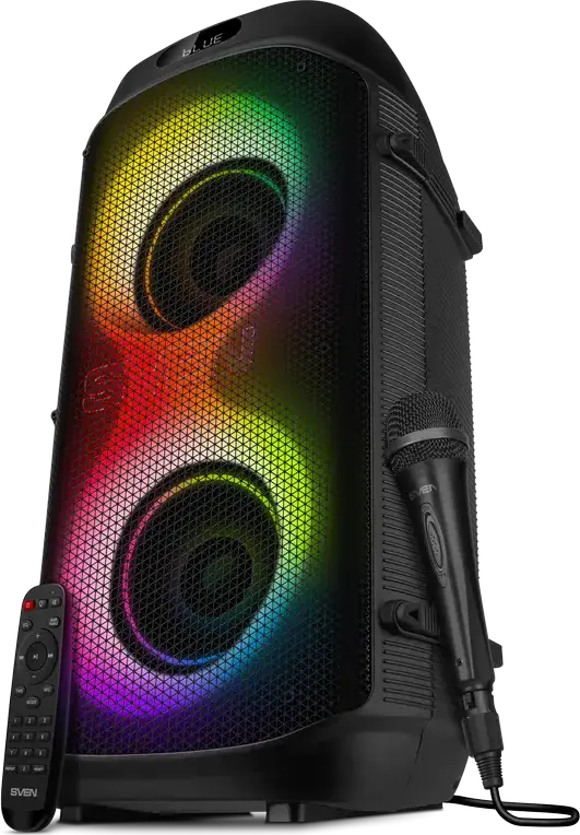 SVEN PS-850 Portable Party Speaker, 100W RMS, Bluetooth, NFC, TWS, RGB Lighting, FM Radio, Built-in Battery up to 28h, USB-C, Microphone & Remote, Black