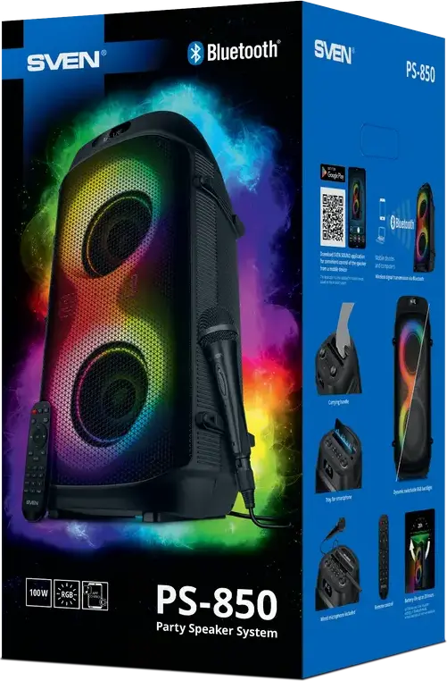 SVEN PS-850 Portable Party Speaker, 100W RMS, Bluetooth, NFC, TWS, RGB Lighting, FM Radio, Built-in Battery up to 28h, USB-C, Microphone & Remote, Black