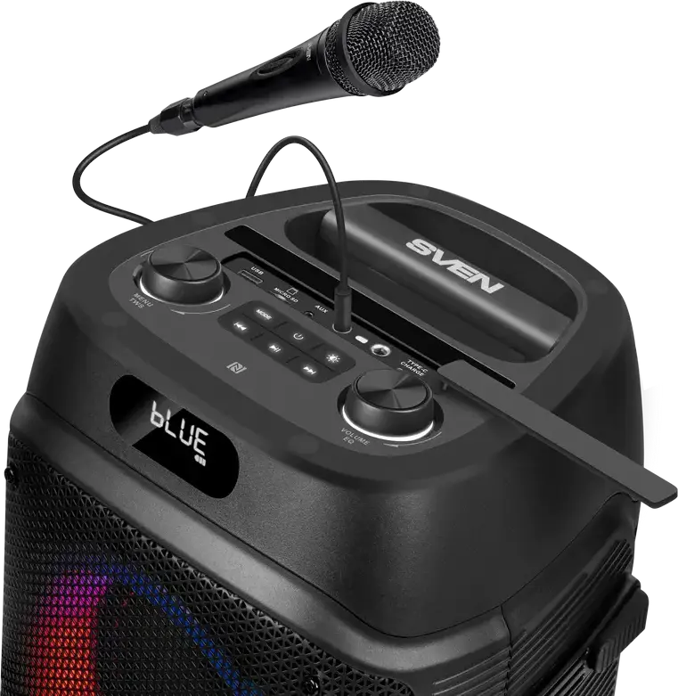 SVEN PS-850 Portable Party Speaker, 100W RMS, Bluetooth, NFC, TWS, RGB Lighting, FM Radio, Built-in Battery up to 28h, USB-C, Microphone & Remote, Black