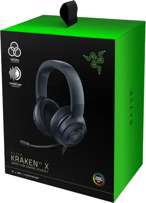 Casca Gaming Razer Kraken V3 X, Sunet Surround Virtual 7.1, Difuzoare TriForce 40mm, Microfon HyperClear Cardioid, Iluminare Chroma RGB, USB pentru PC si PS4