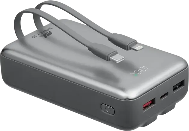 Power Bank Rivacase VA2612 20000mAh 30W PD Fast Charge, Baterie Li-Polymer cu Cabluri Integrate USB-C și Lightning, Afișaj LCD, Argintiu