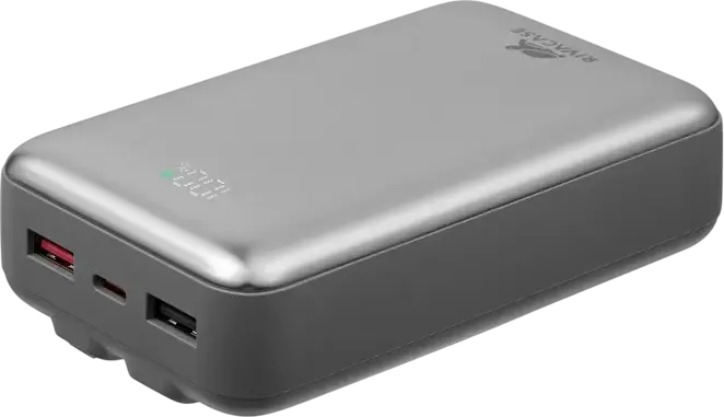 Power Bank Rivacase VA2612 20000mAh 30W PD Fast Charge, Baterie Li-Polymer cu Cabluri Integrate USB-C și Lightning, Afișaj LCD, Argintiu