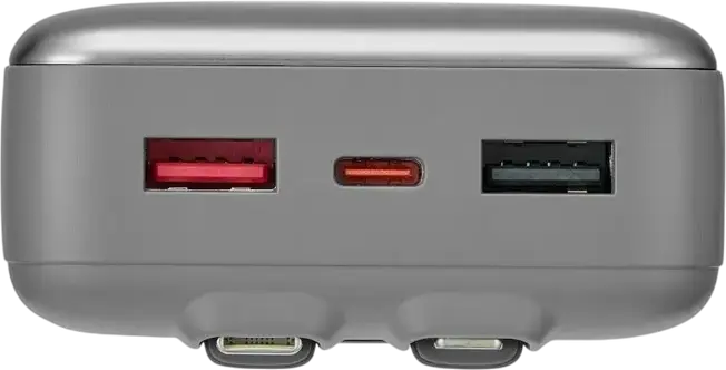 Power Bank Rivacase VA2612 20000mAh 30W PD Fast Charge, Baterie Li-Polymer cu Cabluri Integrate USB-C și Lightning, Afișaj LCD, Argintiu